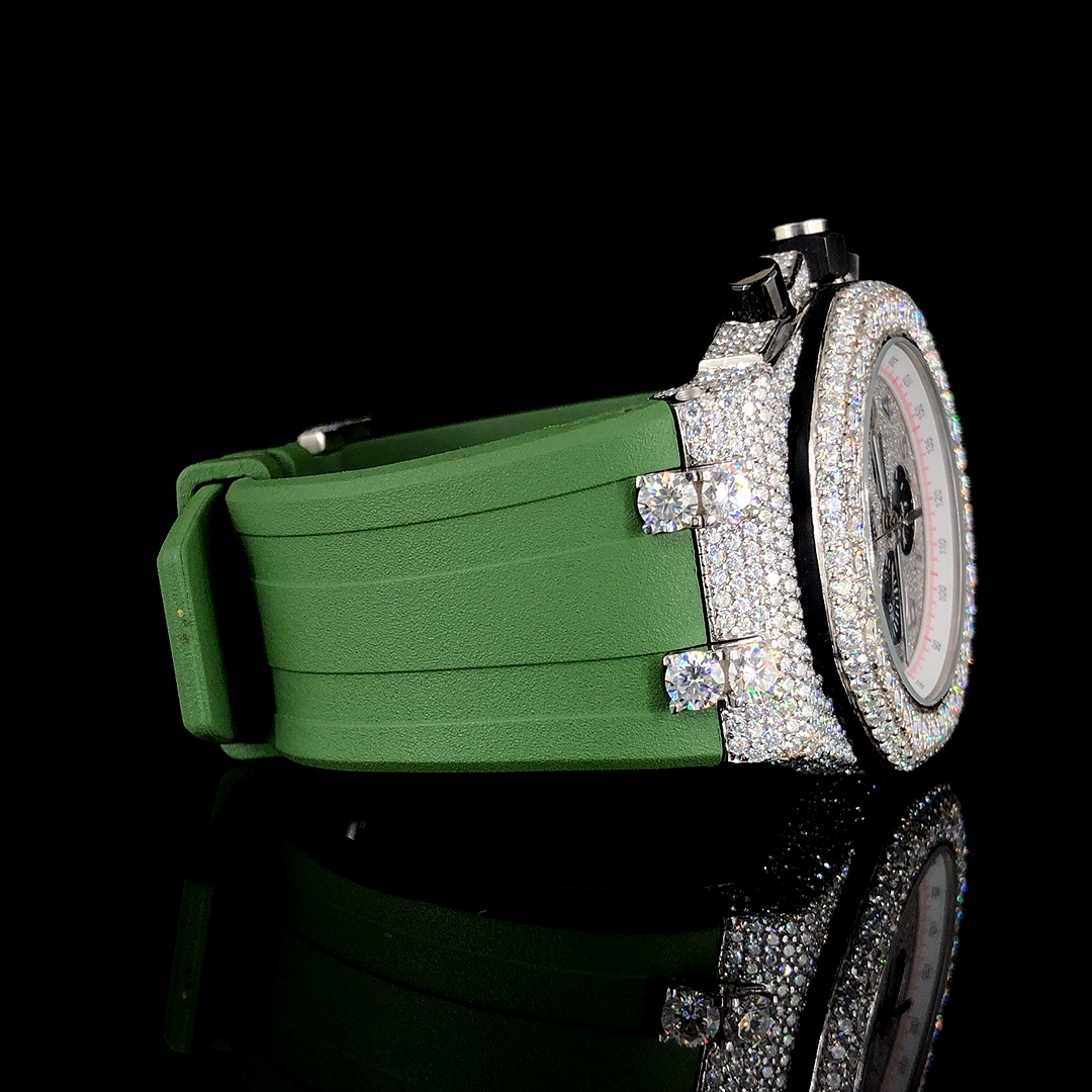 Moissanite Dial Watch For Men With Green Rubber Belt (4)