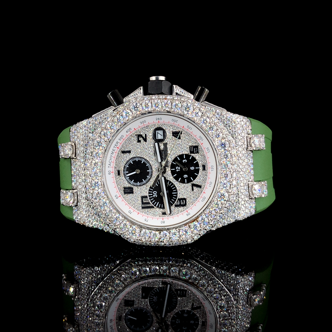 Moissanite Dial Watch For Men With Green Rubber Belt