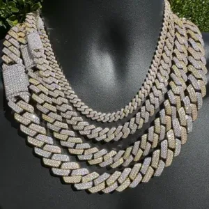 Two Tone Moissanite Cuban Link Chain – 14K Yellow Gold and 925 Sterling Silver