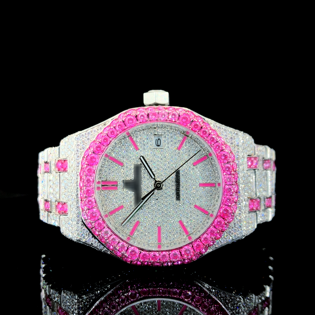 Unique Automatic Watch with Pink Moissanite Diamonds