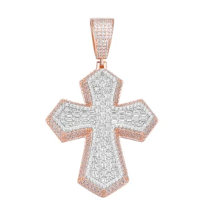 Two Tone Baguette Moissanite Cross Pendant - 925 Sterling Silver