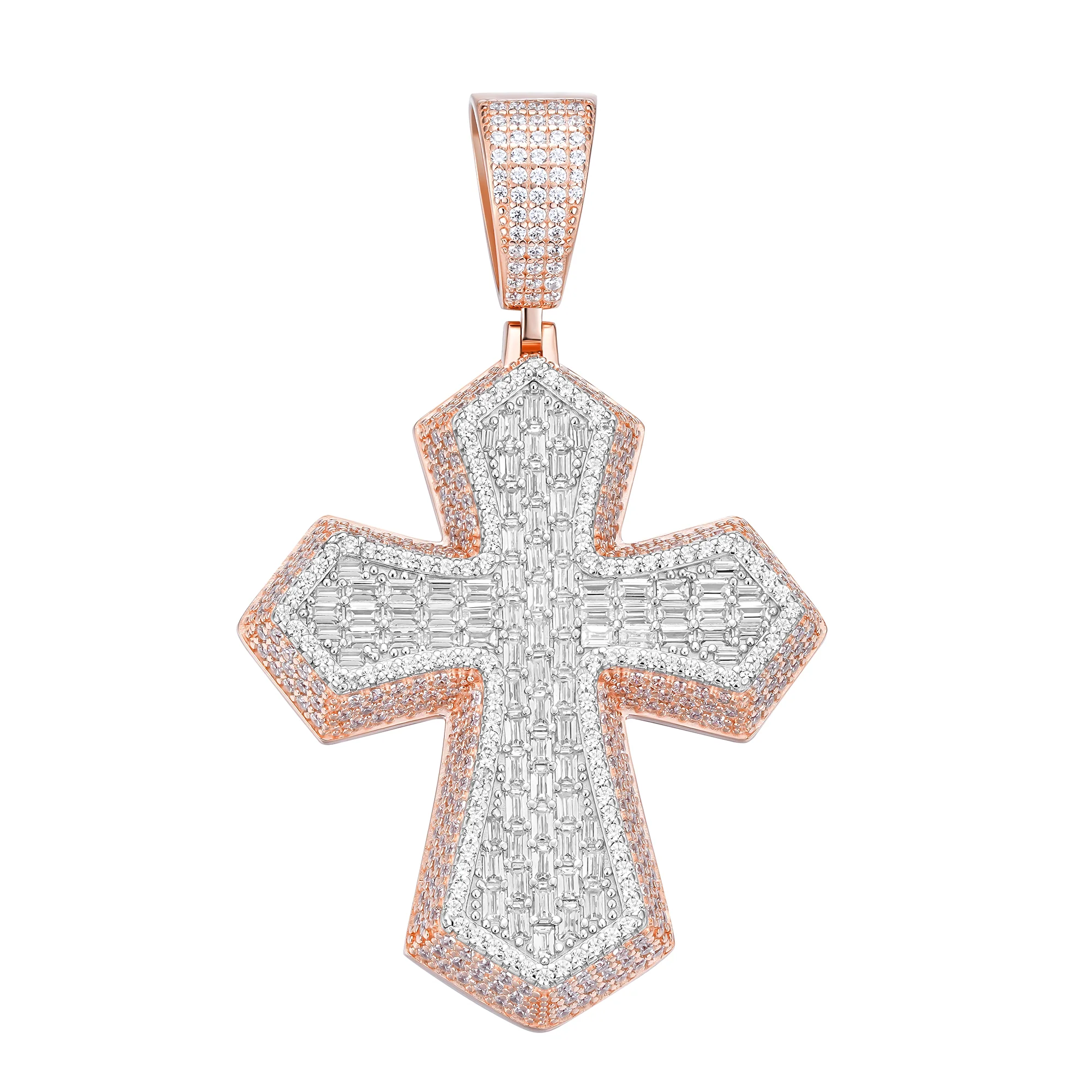 Two Tone Baguette Moissanite Cross Pendant - 925 Sterling Silver