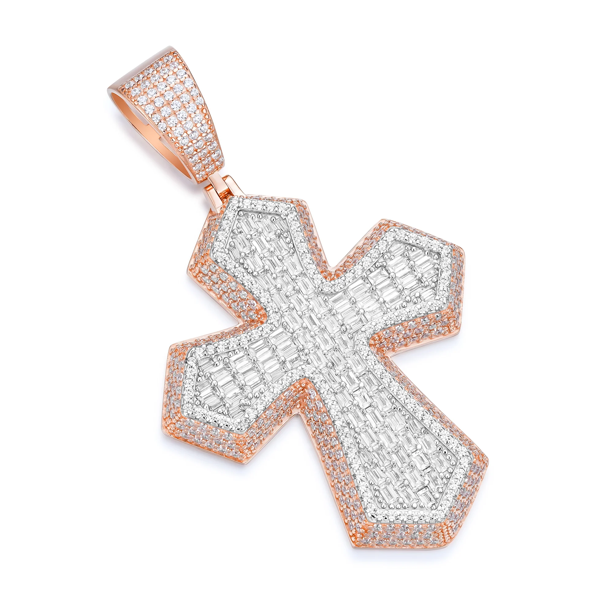 Two Tone Baguette Moissanite Cross Pendant - 925 Sterling Silver