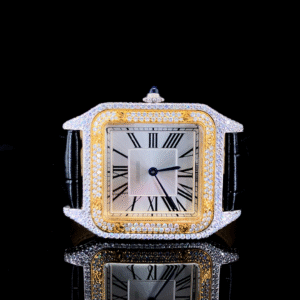 Two-tone Moissanite Bezel Watch with black Leather Belt