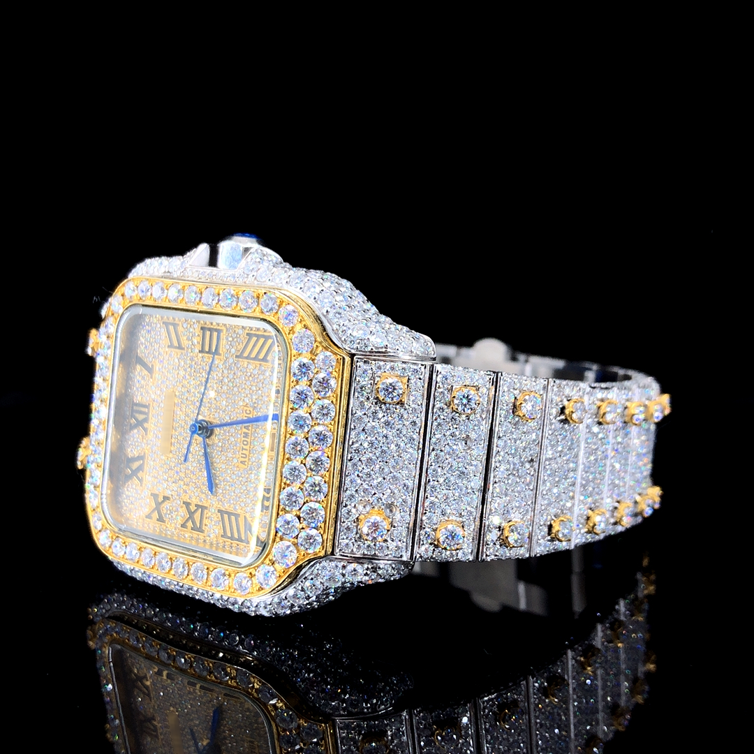 Two-tone Moissanite Iced Out Watch with Roman Number - Yellow Gold (2)