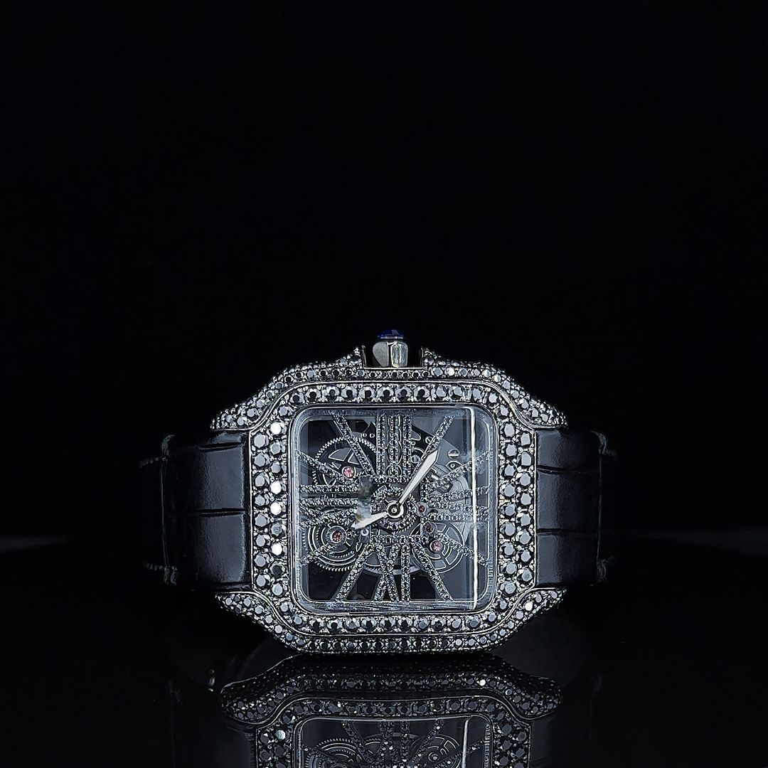 Black Moissanite Diamond Square Skeleton Dial Watch