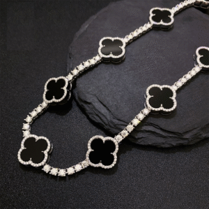 4mm Moissanite Tennis Clover Chain with 15mm black Leaf Design - 925 Silver