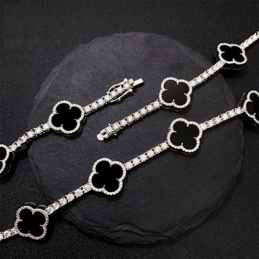 4mm Moissanite Tennis Clover Chain with 15mm black Leaf Design - 925 Silver