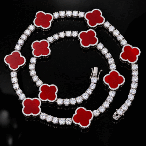 4mm Moissanite Tennis Clover Chain with 15mm Red Leaf Design - 925 Sterling Silver