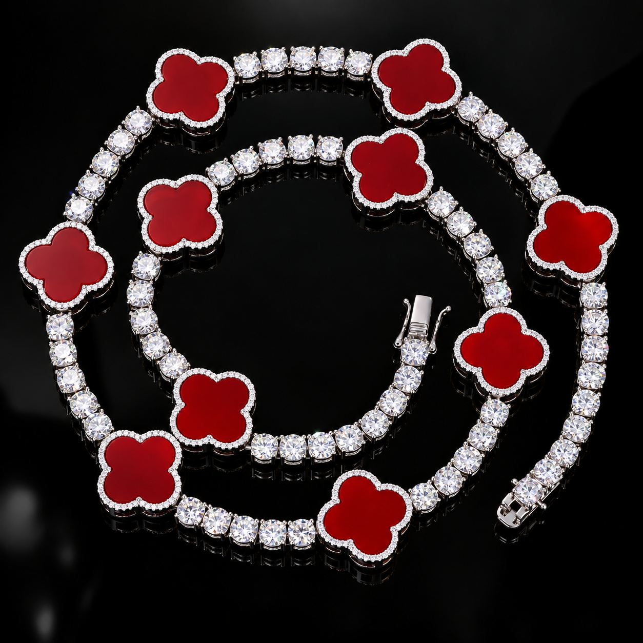 4mm Moissanite Tennis Clover Chain with 15mm Red Leaf Design - 925 Sterling Silver