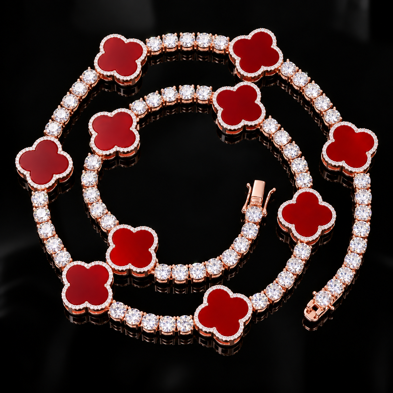 4mm Moissanite Tennis Clover Chain with 15mm Red Leaf Design - Rose gold