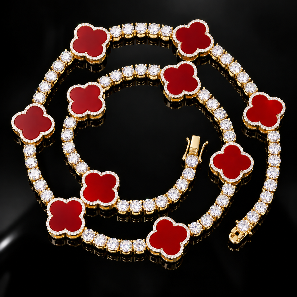 4mm Moissanite Tennis Clover Chain with 15mm Red Leaf Design - Yellow Gold
