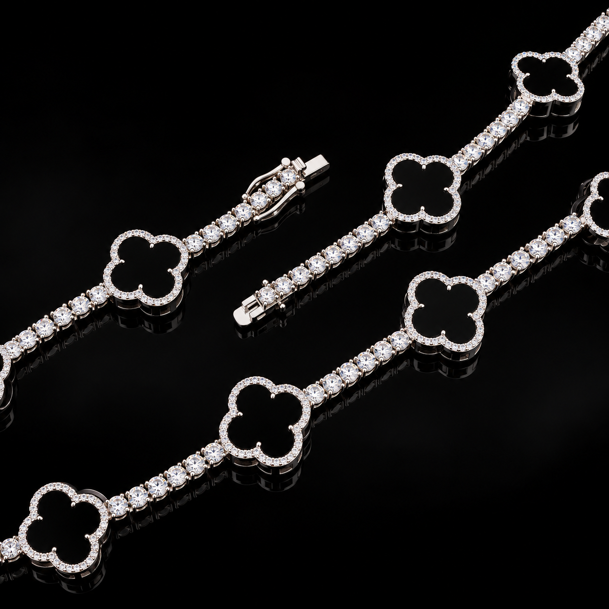 4mm Moissanite Tennis Clover Chain with 15mm black Leaf Design