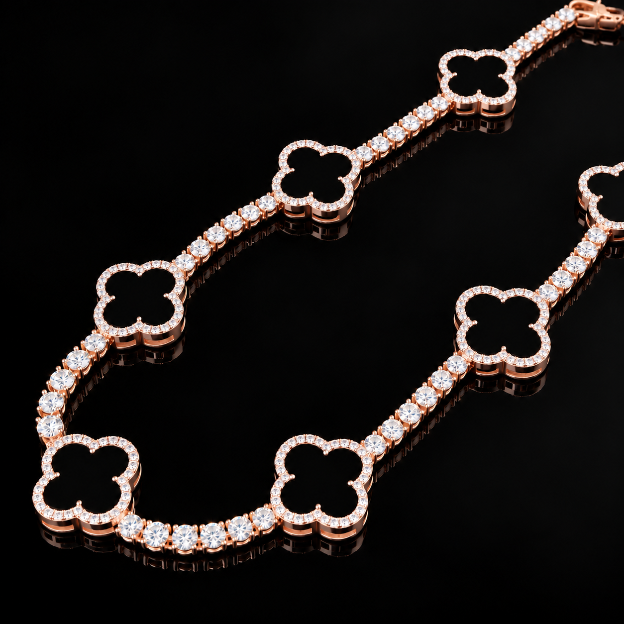 4mm Moissanite Tennis Clover Chain with 15mm black Leaf Design - Rose gold