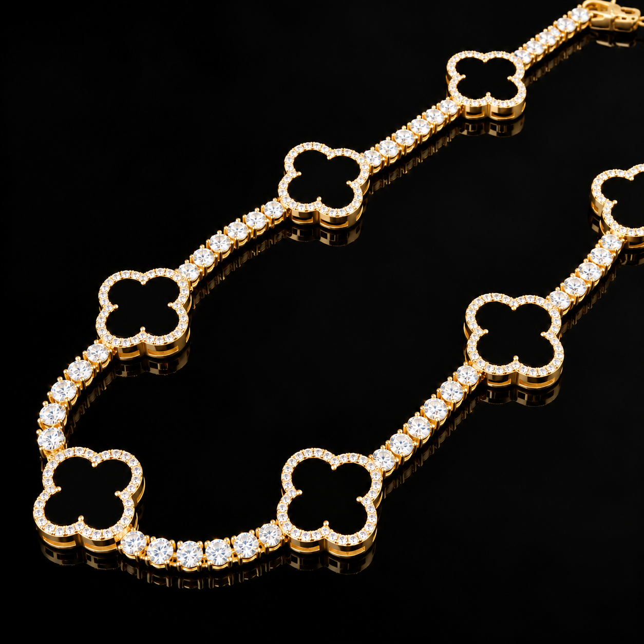 4mm Moissanite Tennis Clover Chain with 15mm black Leaf Design - Yellow gold