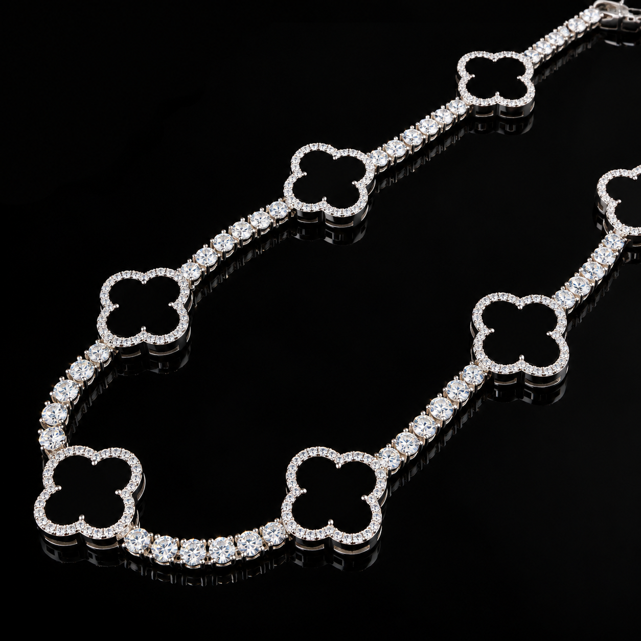 4mm Moissanite Tennis Clover Chain with 15mm black Leaf Design