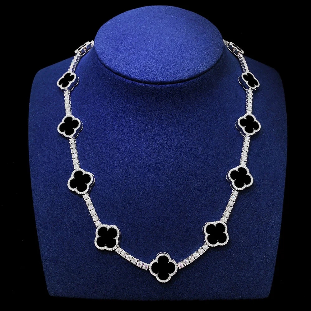4mm Moissanite Tennis Clover Chain with 15mm black Leaf Design