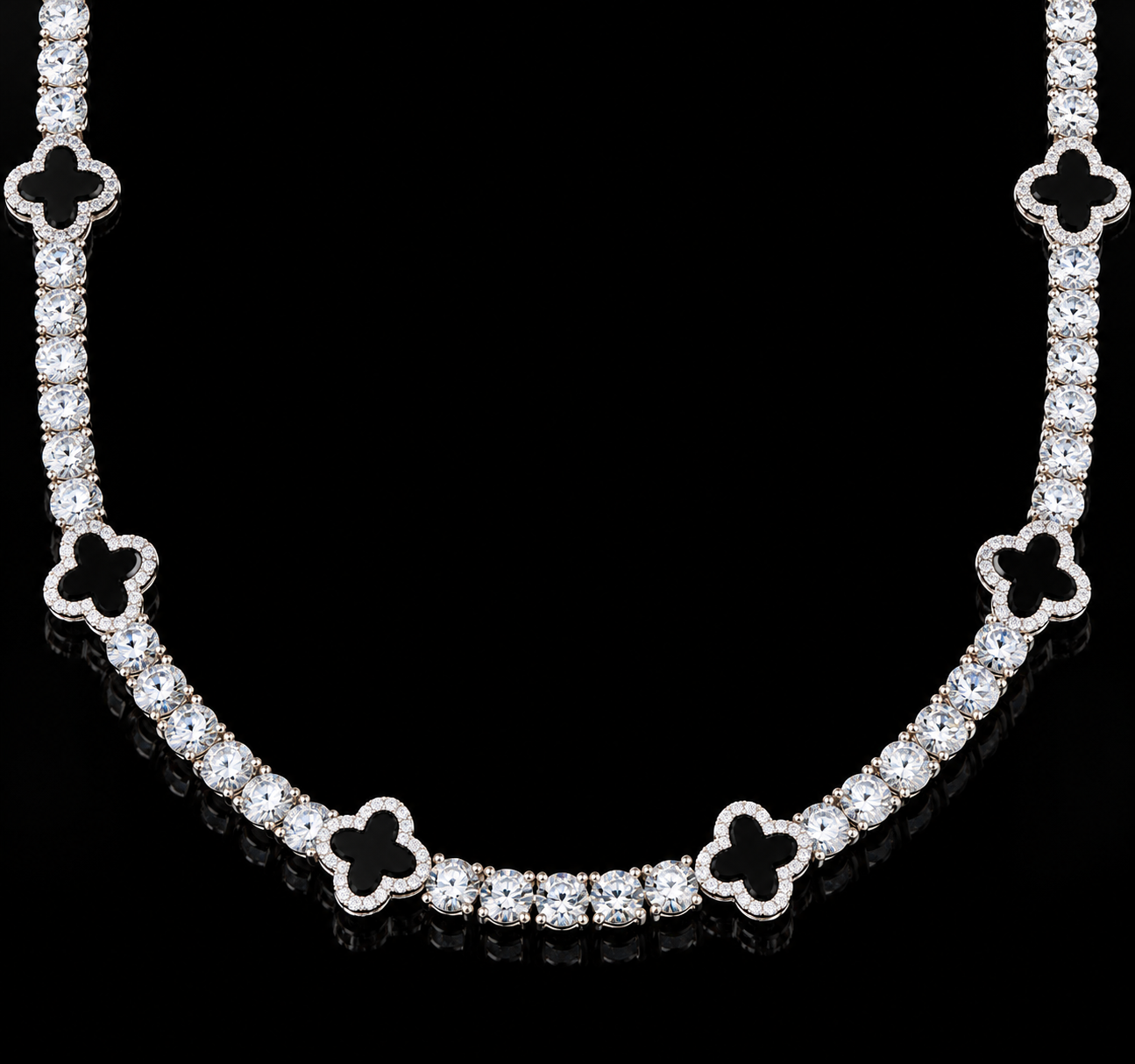 5mm Moissanite Tennis Clover Chain with black Leaf - 925 Sterling Silver