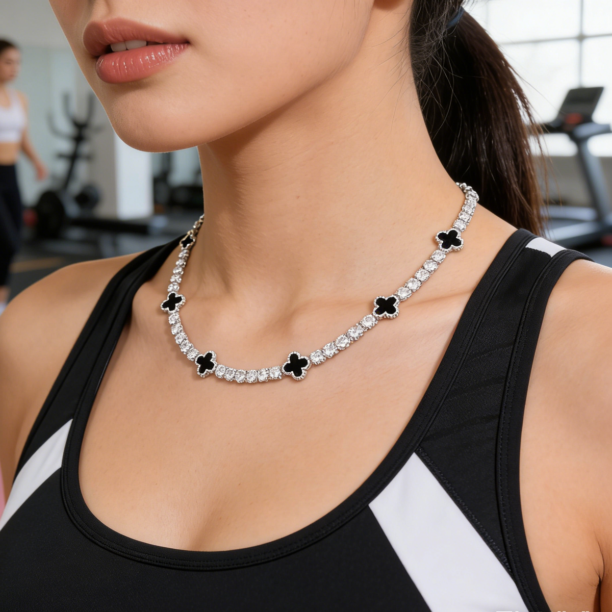 5mm Moissanite Tennis Clover Chain with black Leaf - 925 Sterling Silver