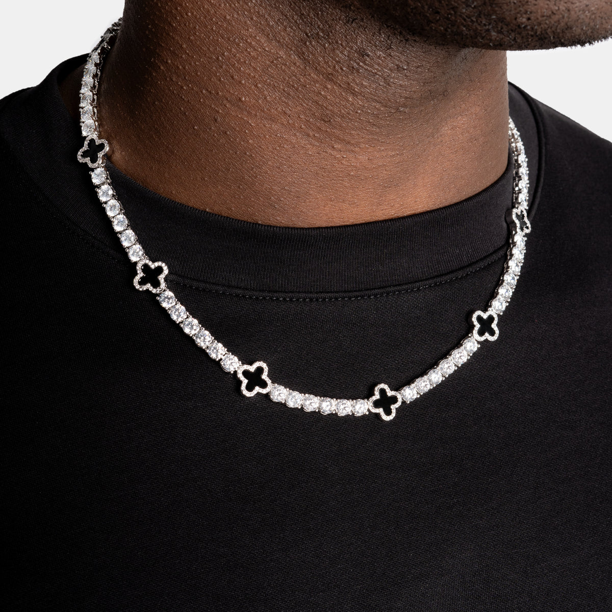 5mm Moissanite Tennis Clover Chain with black Leaf - 925 Sterling Silver