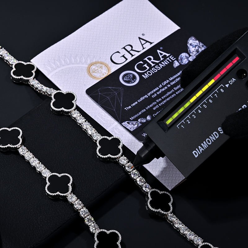 4mm Moissanite Tennis Clover Chain with 15mm black Leaf Design