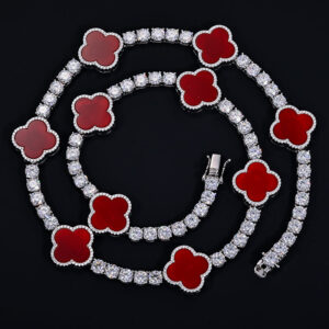4mm Moissanite Tennis Clover Chain with 15mm Red Leaf Design - 925 Silver