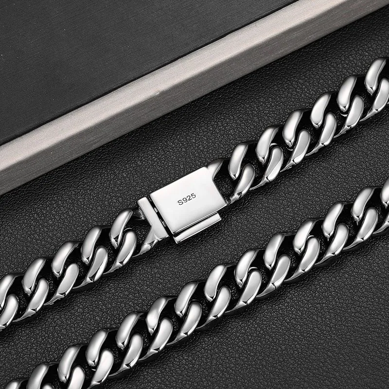 12mm Classic Black Moissanite Cuban link chain - 925 Sterling Silver