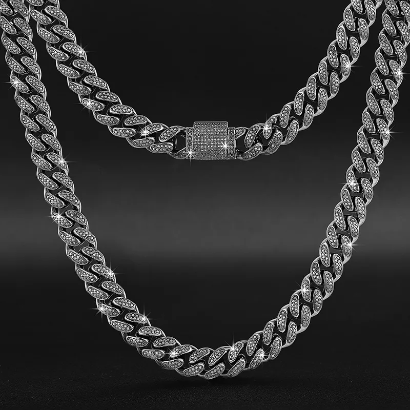 12mm Classic Black Moissanite Cuban link chain - 925 Sterling Silver