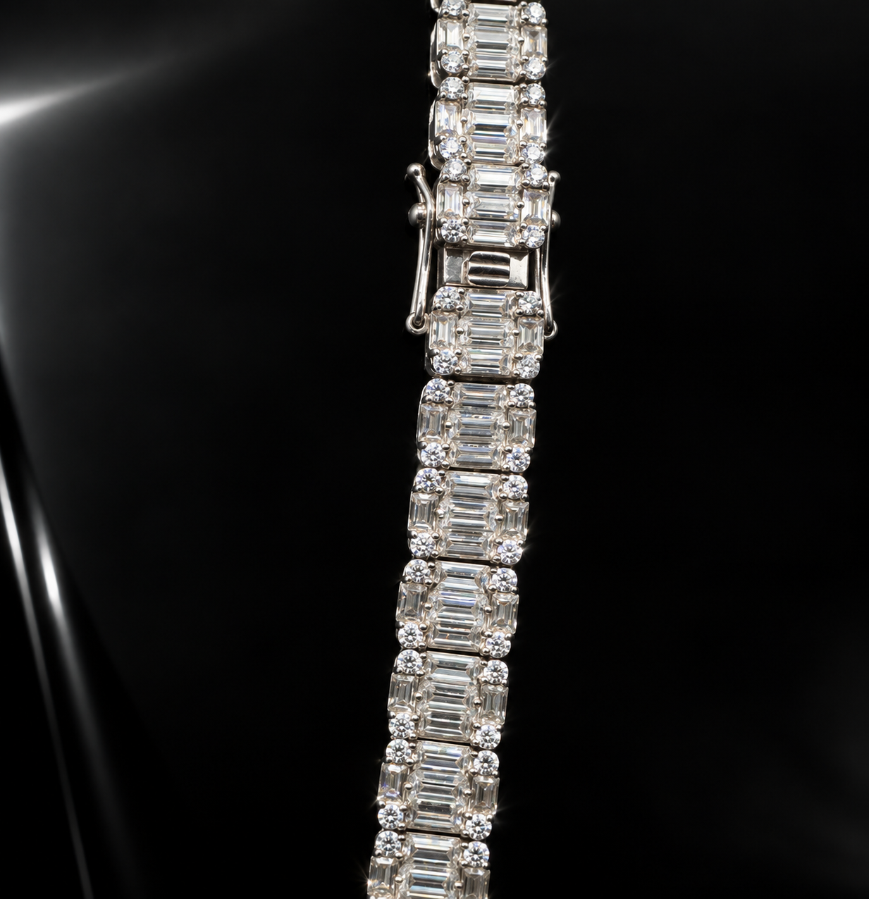 8mm Baguette Moissanite Halo Tennis Chain – 925 Sterling Silver