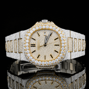 Amazing two-tone VVS moissanite watch with Black stick markers - yellow gold