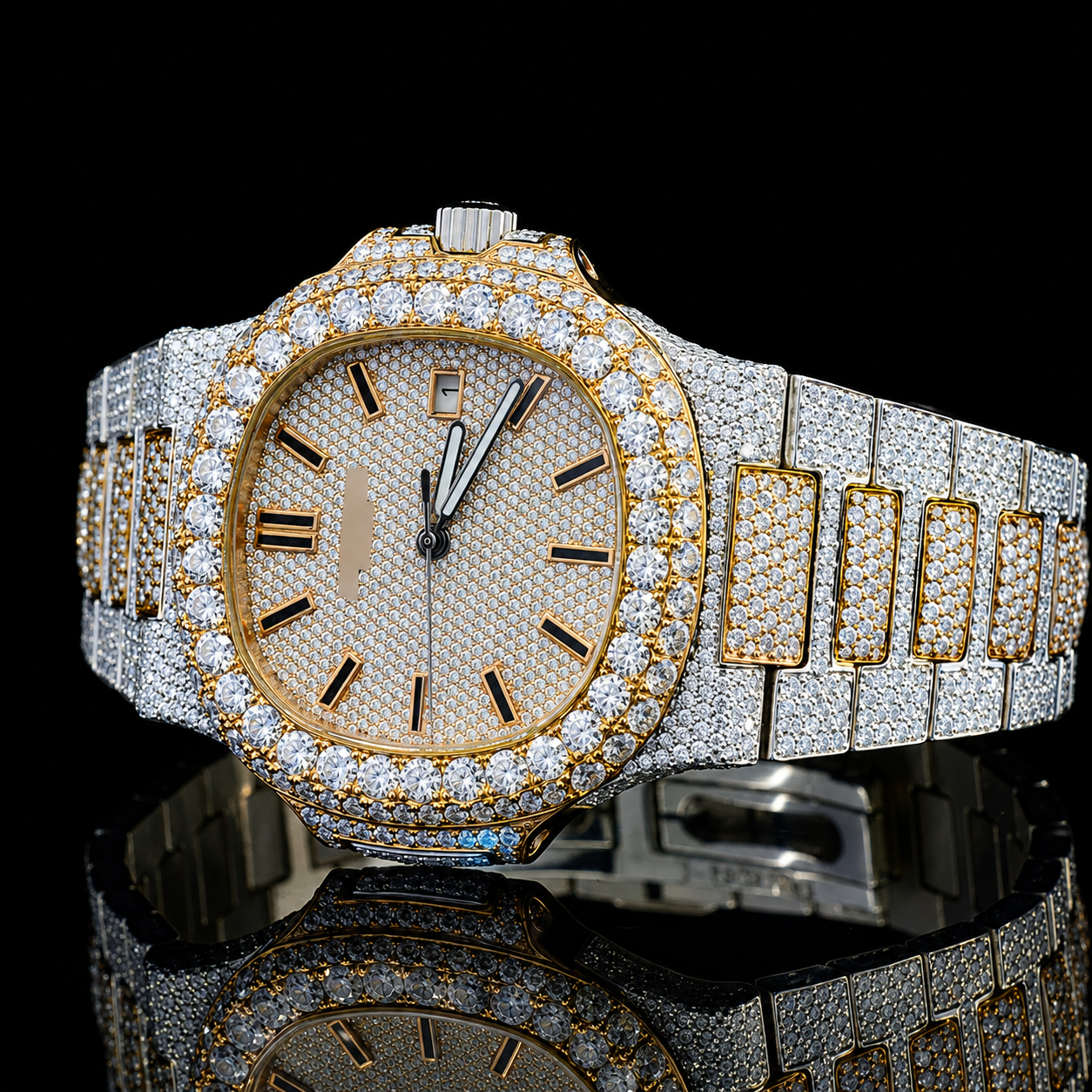 Amazing two-tone VVS moissanite watch with Black stick markers