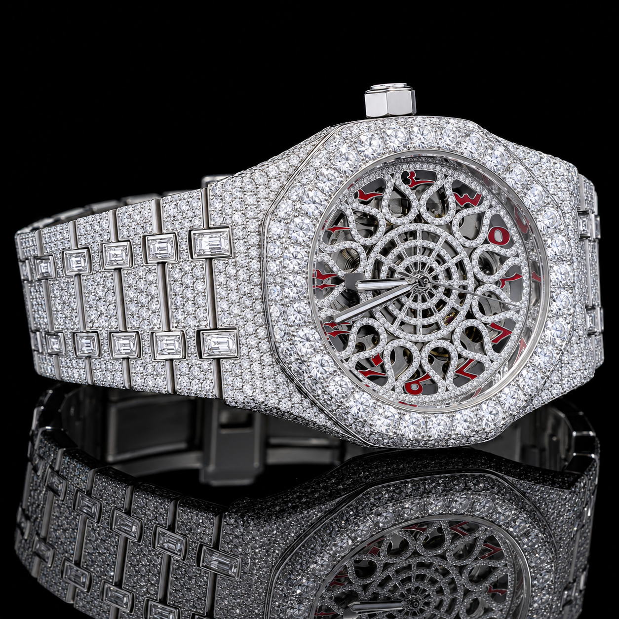 Antique VVS Moissanite Skeleton Watch with Red Arabic Numerals