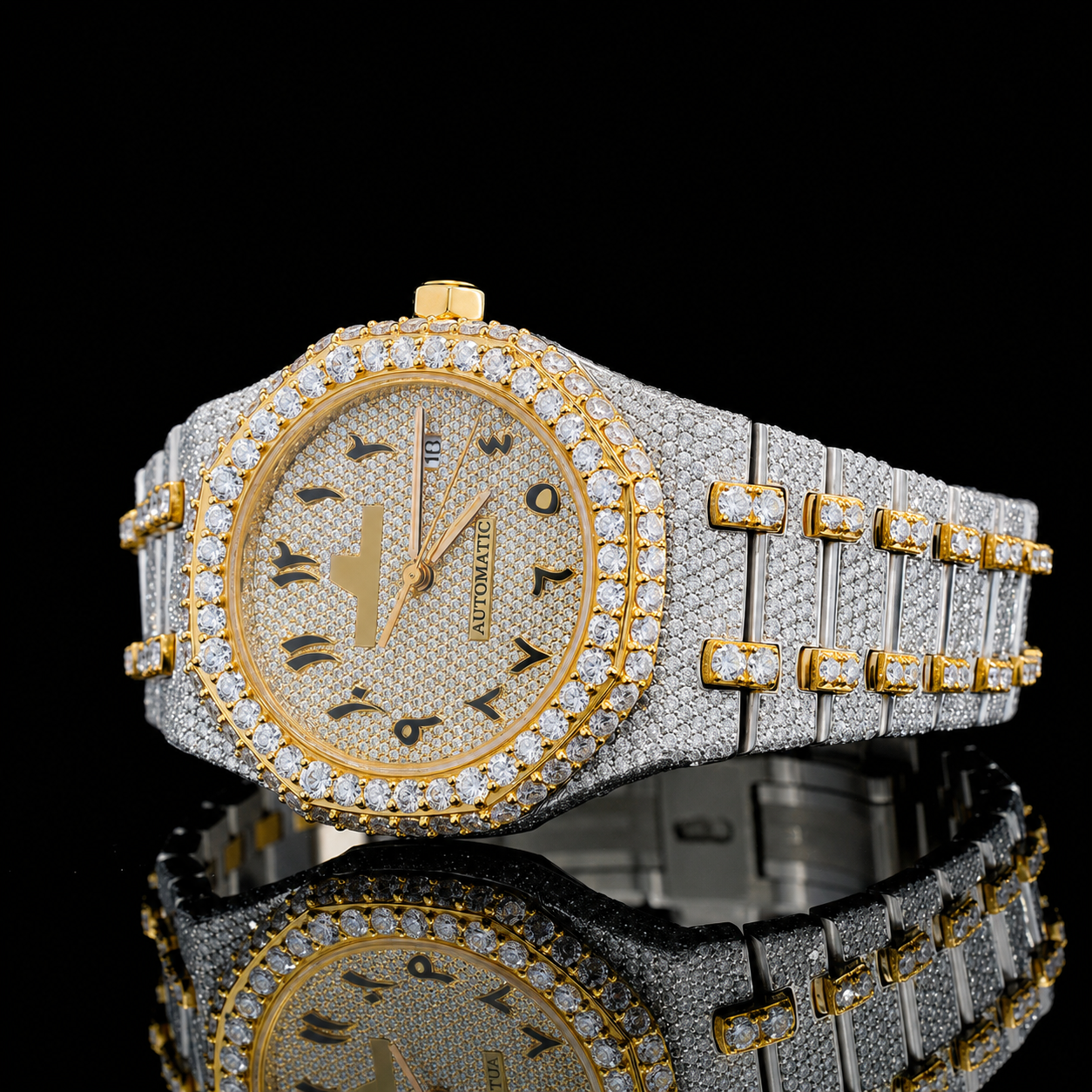 Attractive Iced Out Two-Tone Moissanite Watch with black Arabic Numerals