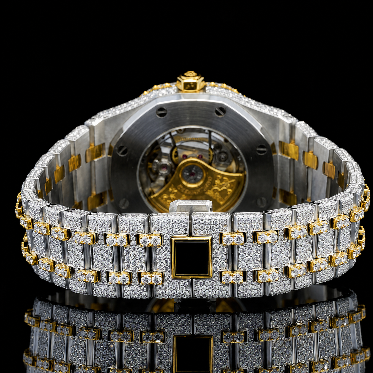 Attractive Iced Out Two-Tone Moissanite Watch with black Arabic Numerals