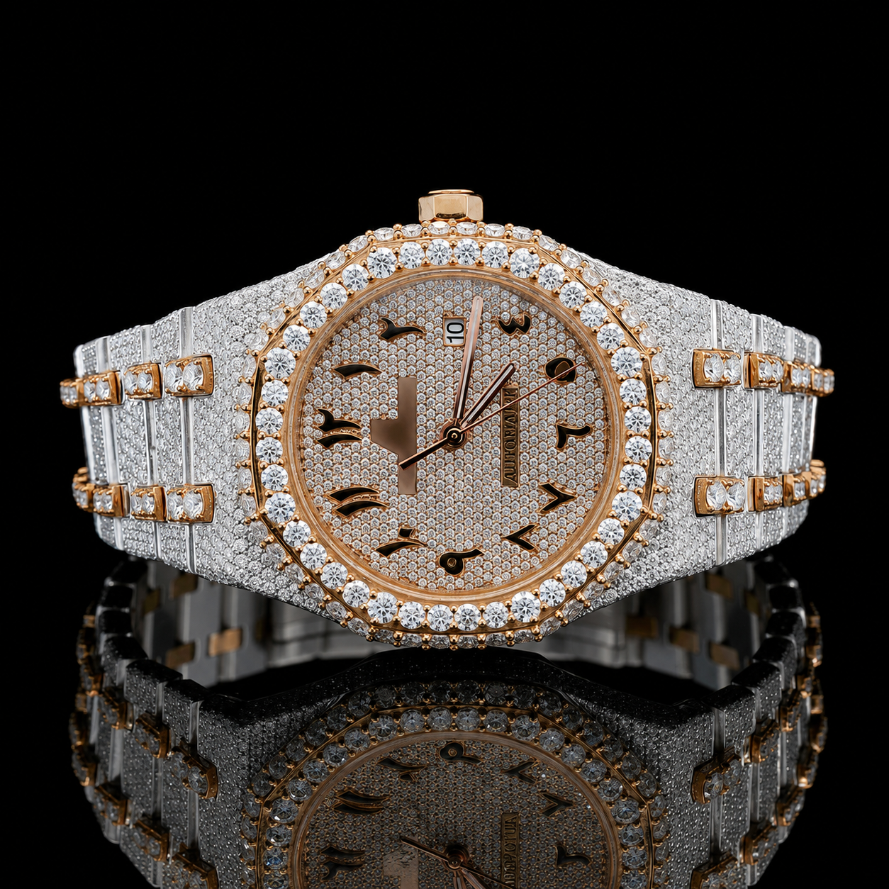 Attractive Iced Out Two-Tone Moissanite Watch with black Arabic Numerals - Rose Gold