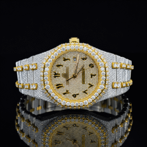 Attractive Iced Out Two-Tone Moissanite Watch with black Arabic Numerals - Yellow gold