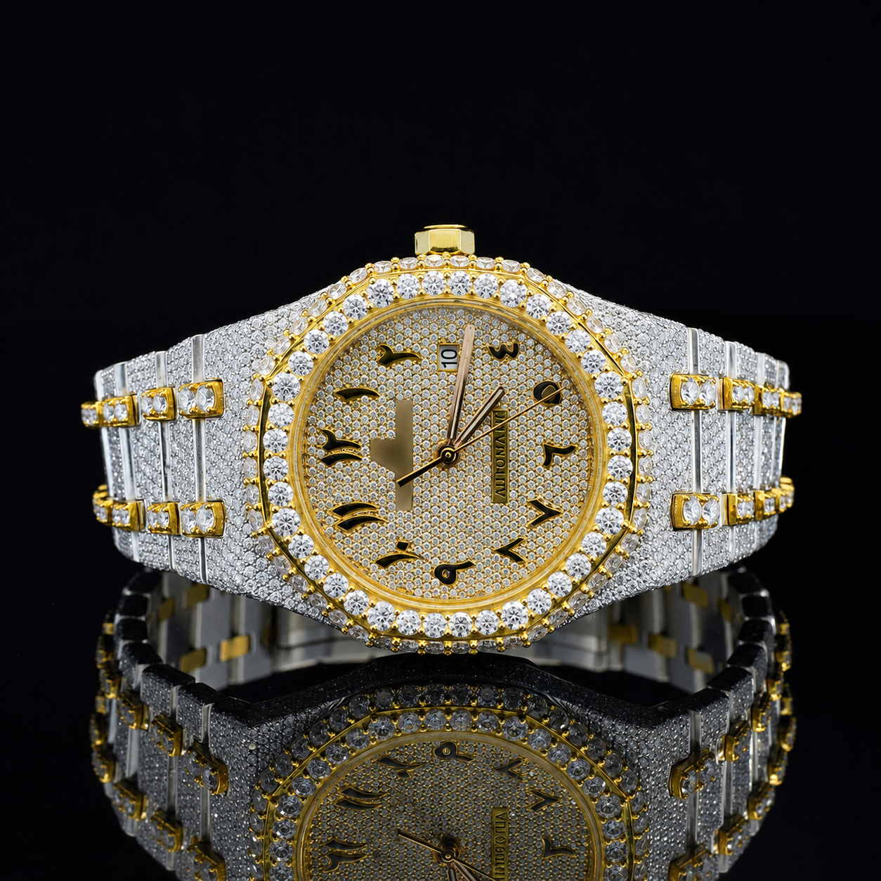 Attractive Iced Out Two-Tone Moissanite Watch with black Arabic Numerals - Yellow gold