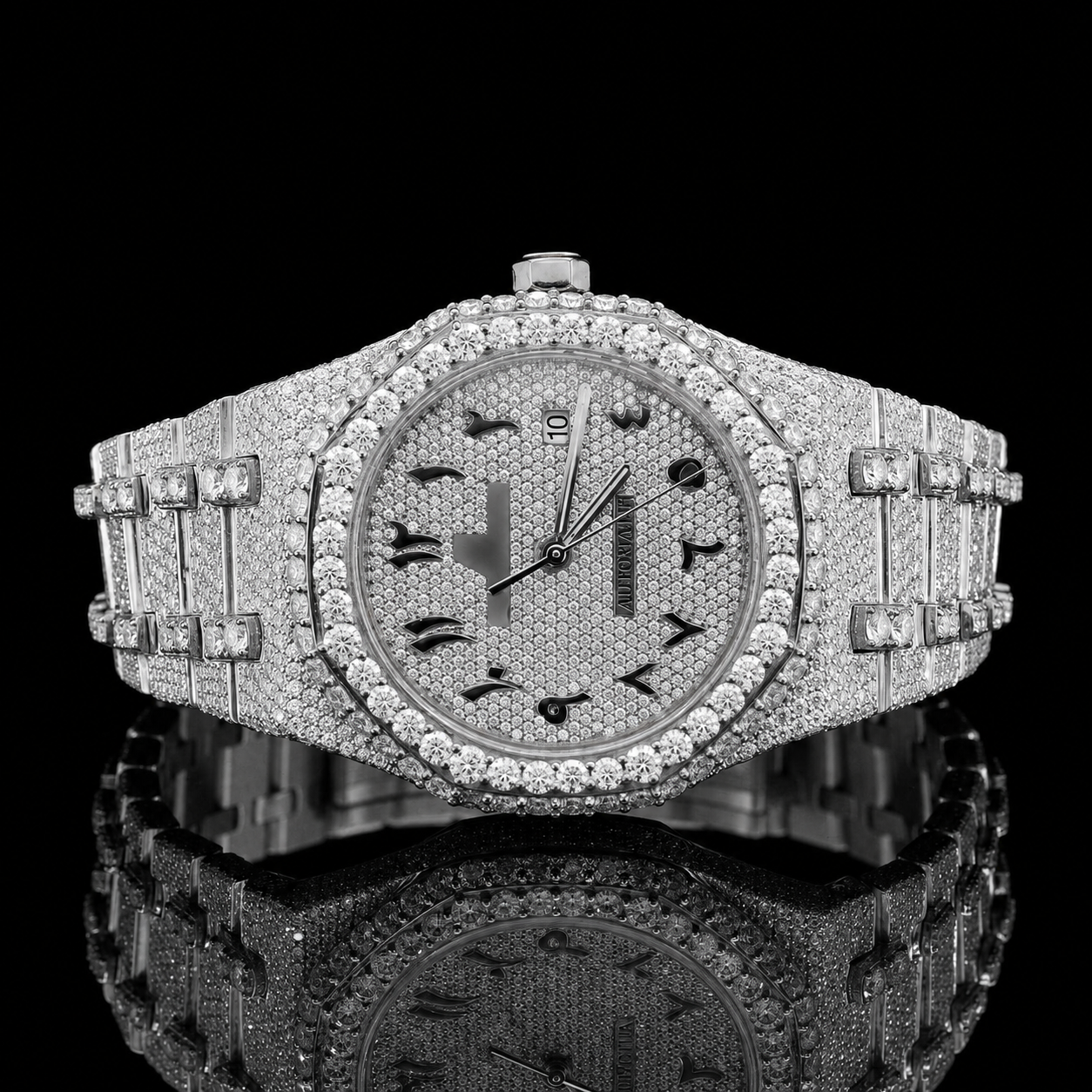 Attractive Iced Out Two-Tone Moissanite Watch with black Arabic Numerals - white gold