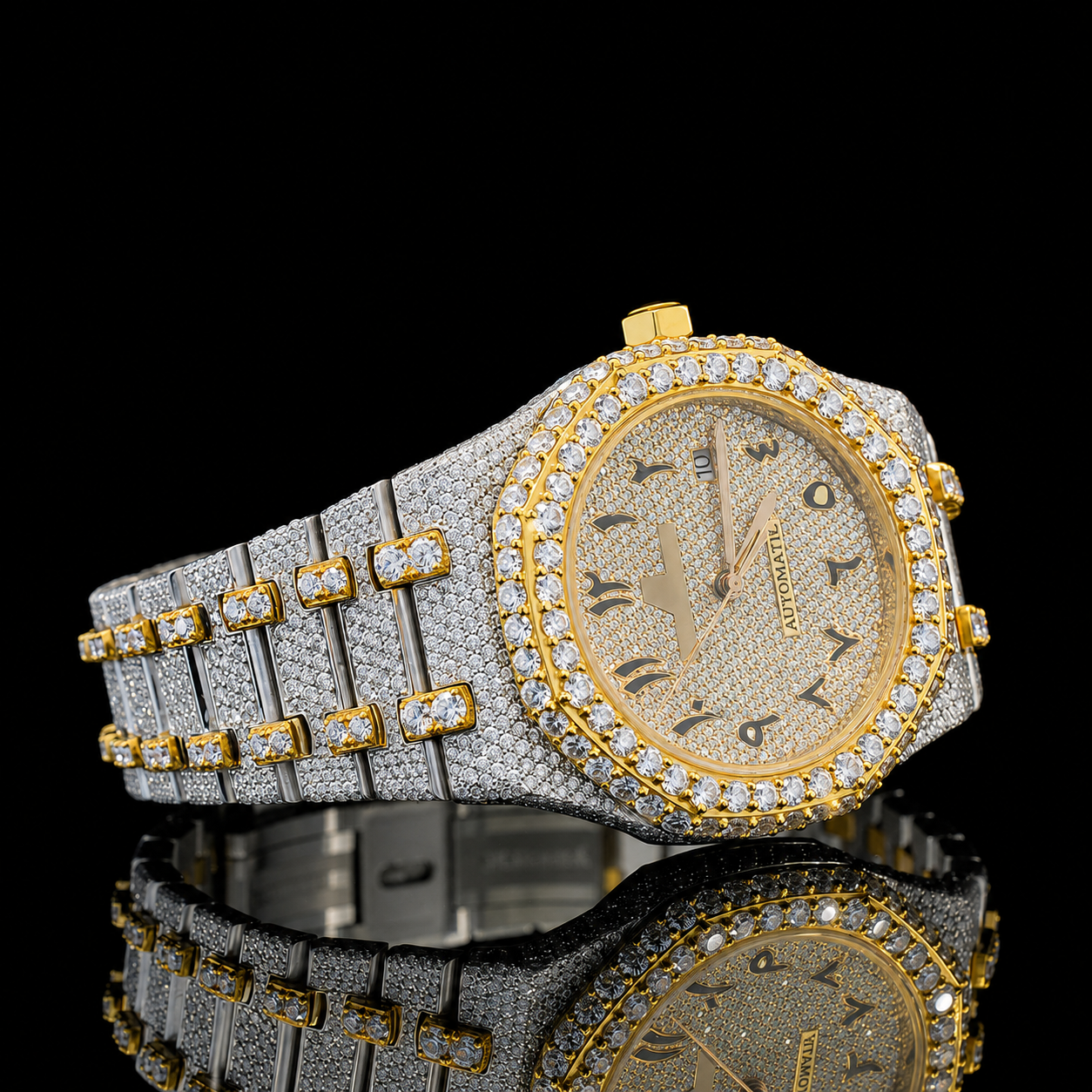 Attractive Iced Out Two-Tone Moissanite Watch with black Arabic Numerals