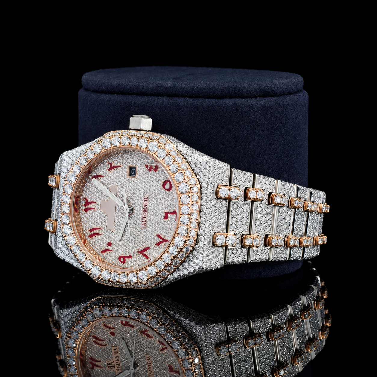 Red Arabic Numerals Two Tone VVS Moissanite Watch