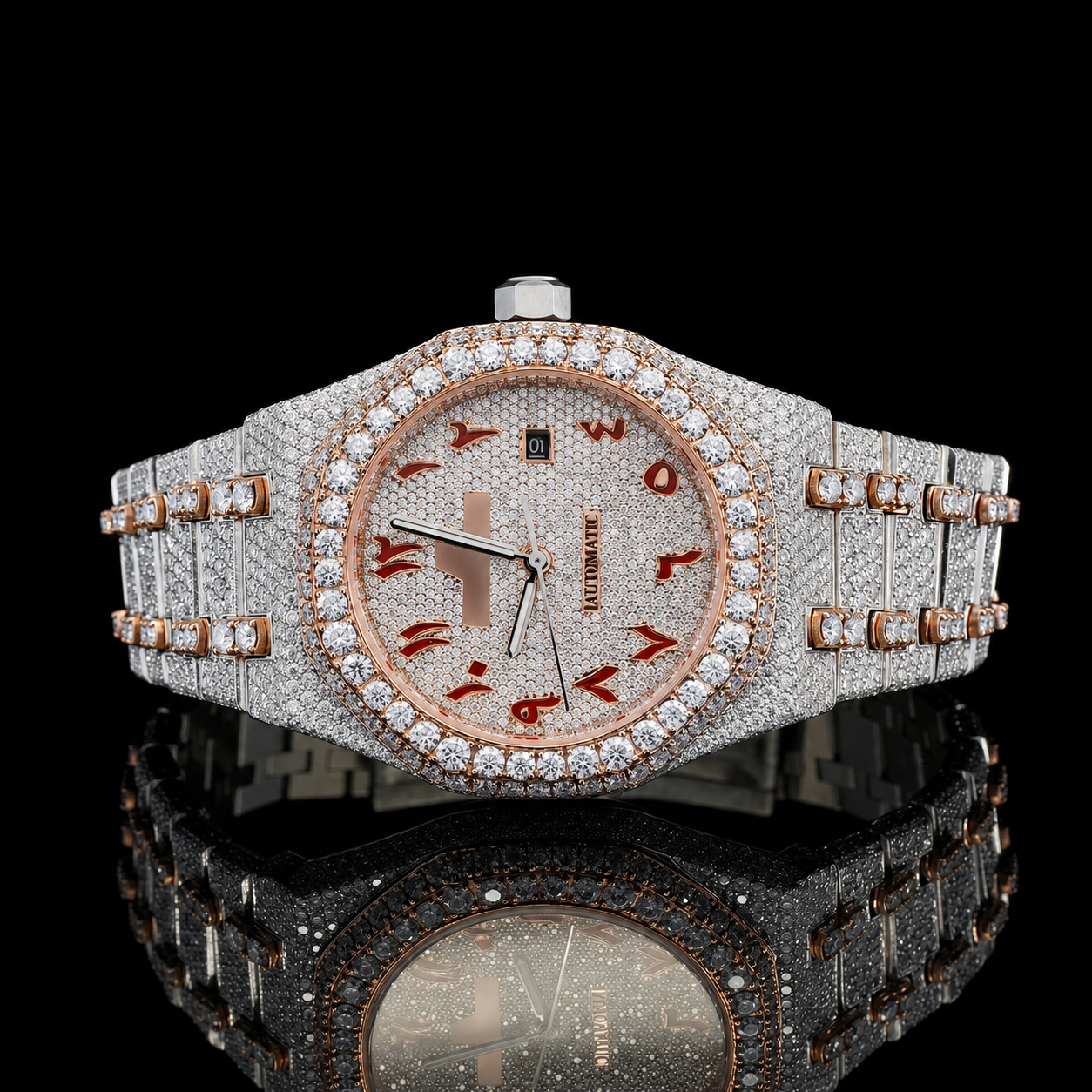 Red Arabic Numerals Two Tone VVS Moissanite Watch - Rose gold
