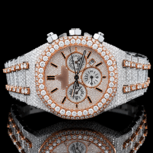 Attractive Two Tone Moissanite Chronograph watch with black stick markers - Rose Gold