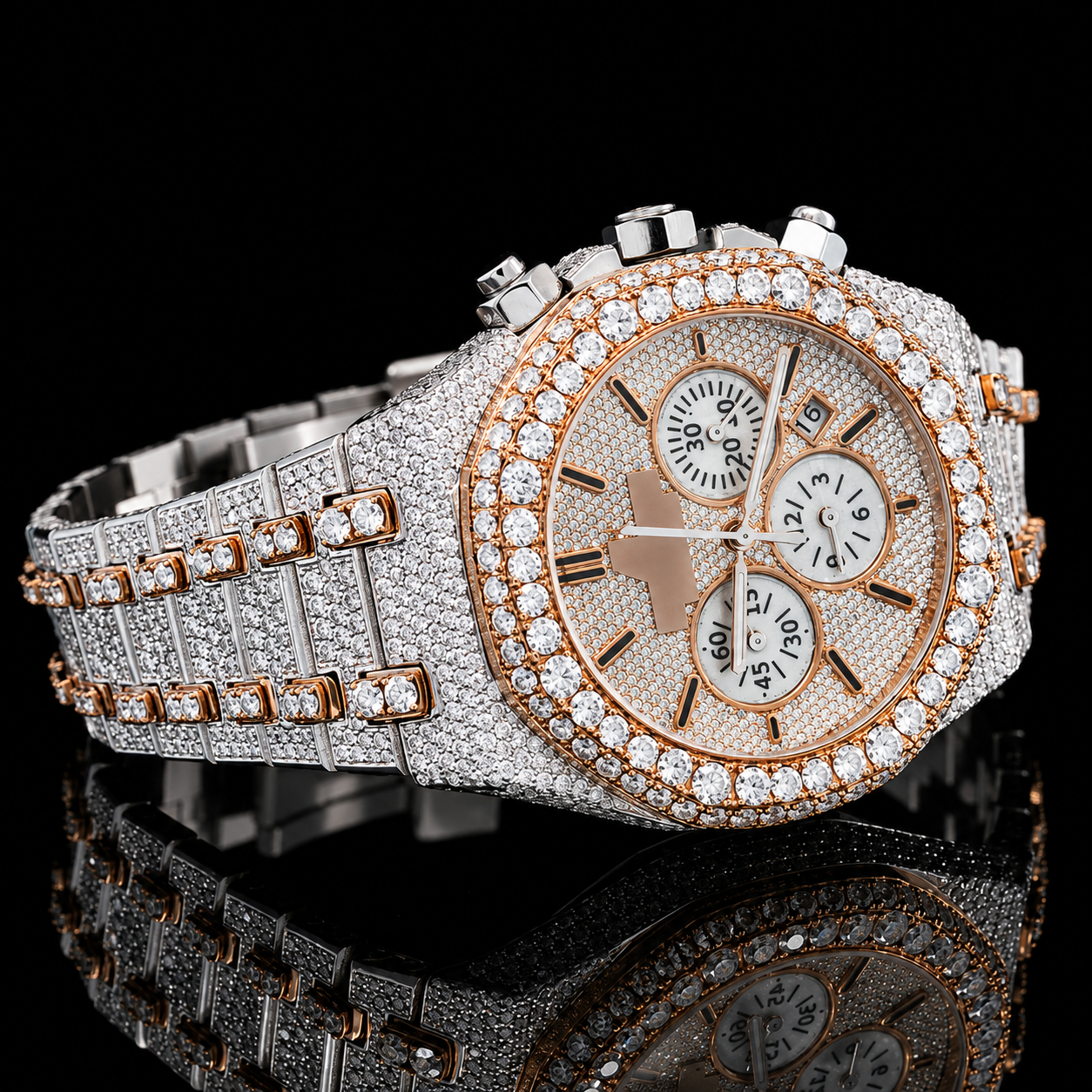 Attractive Two Tone Moissanite Chronograph watch with black stick markers