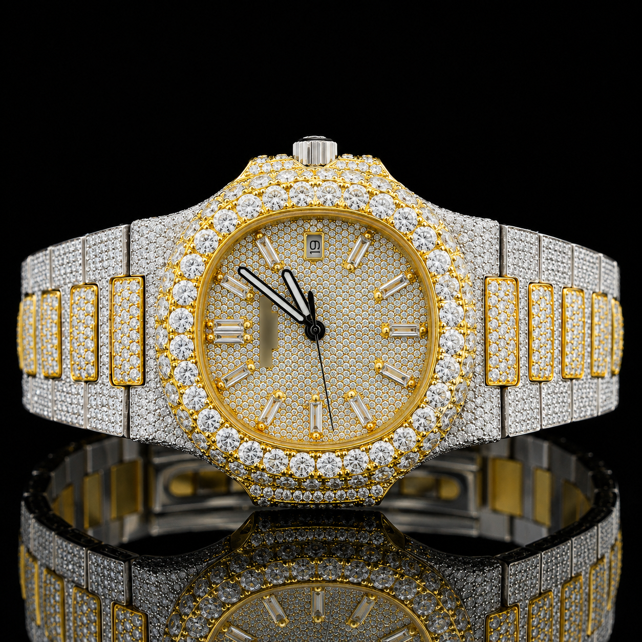 Attractive Two Tone Moissanite watch with Baguette stick markers - Yellow gold