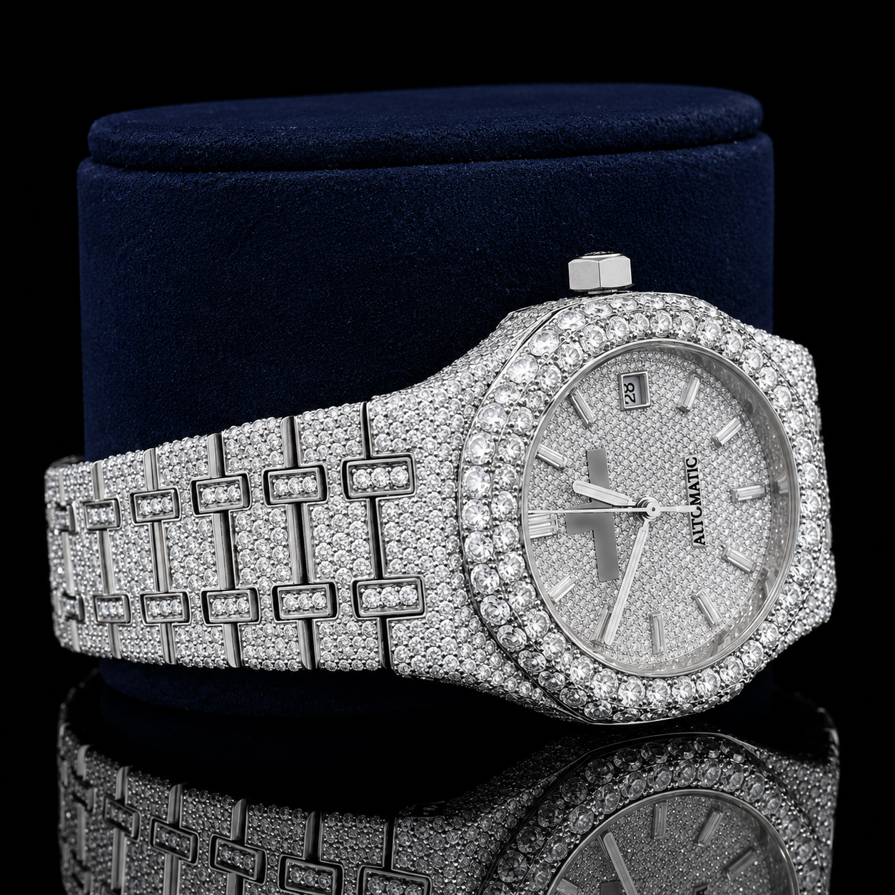 Awesome Iced Out VVS Moissanite Watch with Baguette stick markers