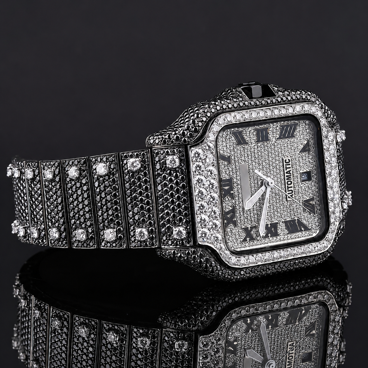 Black and White moissanite Diamond Automatic Watch