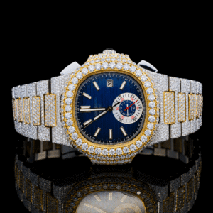 Blue Dial Two-Tone Automatic Moissanite Wrist Watch - Yellow gold