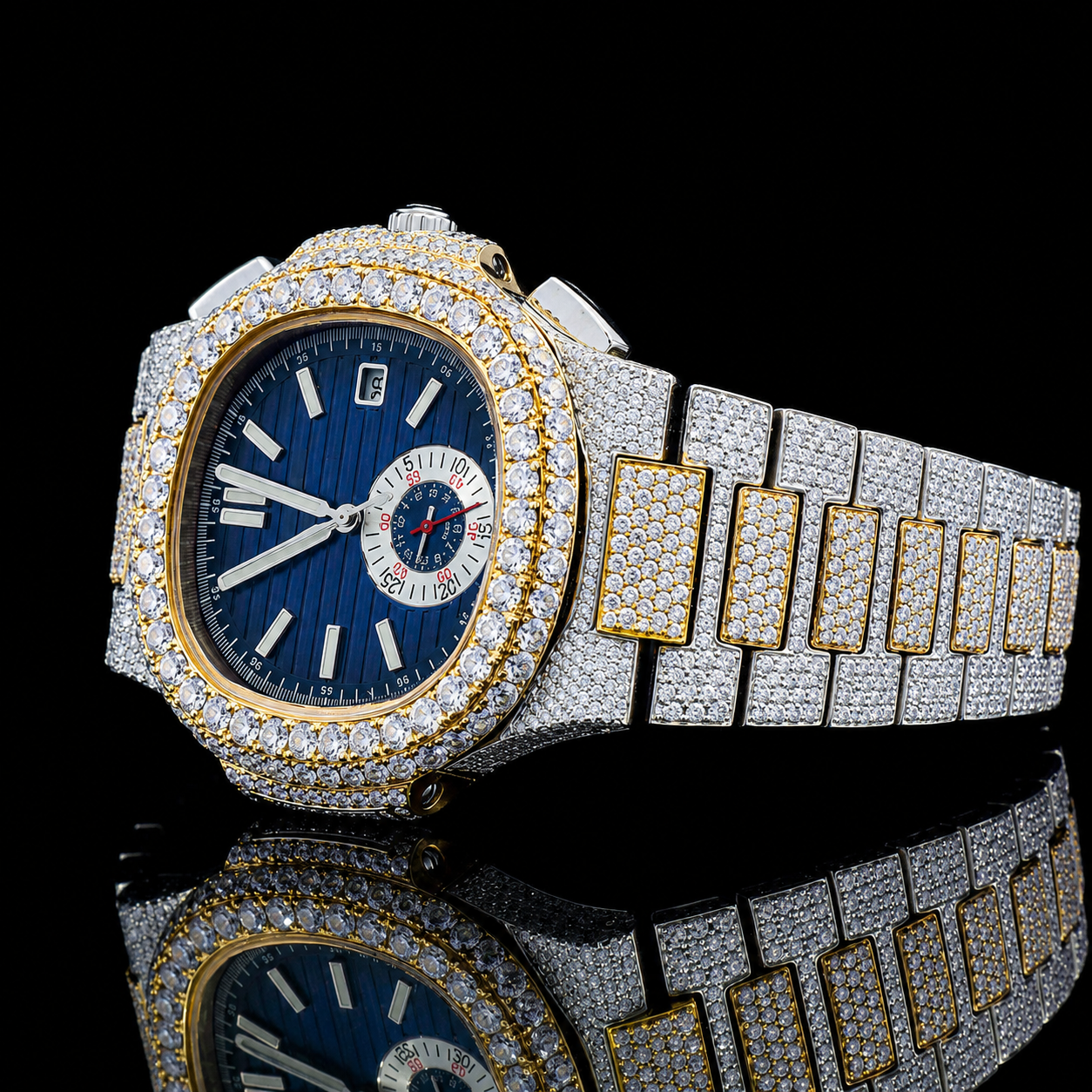 Blue Dial Two-Tone Automatic Moissanite Wrist Watch