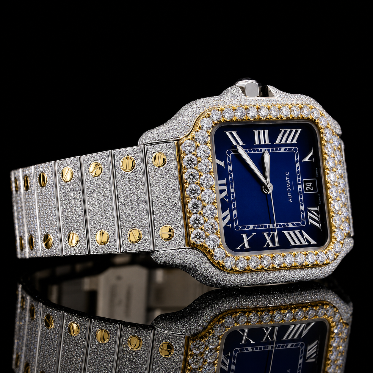 Blue Dial Two-Tone Moissanite Watch with Roman Numerals (2)