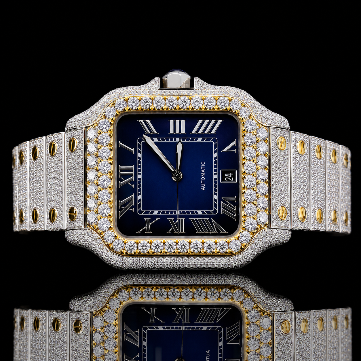 Blue Dial Two-Tone Moissanite Watch with Roman Numerals - Yellow